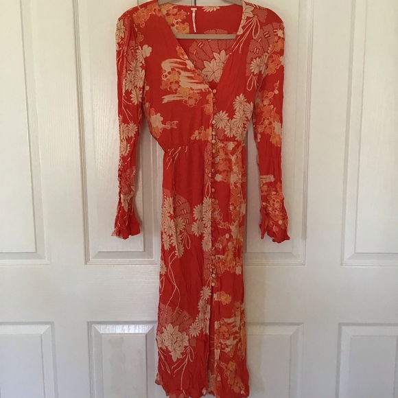 Free people orange floral midi dress Sz XS - Picture 2 of 7
